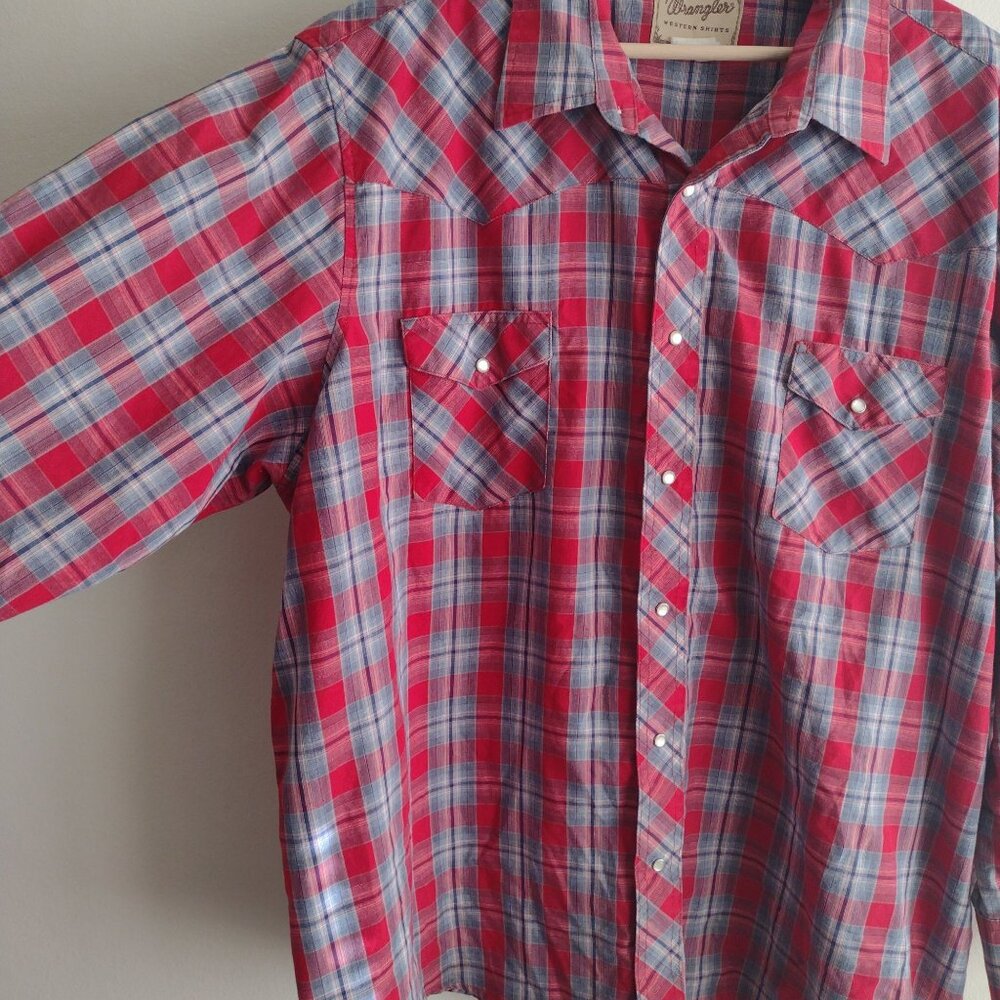 Wrangler Vintage Mens Western Shirt XXL Pearl Snap Red Blue Check Cowboy - Picture 3 of 9